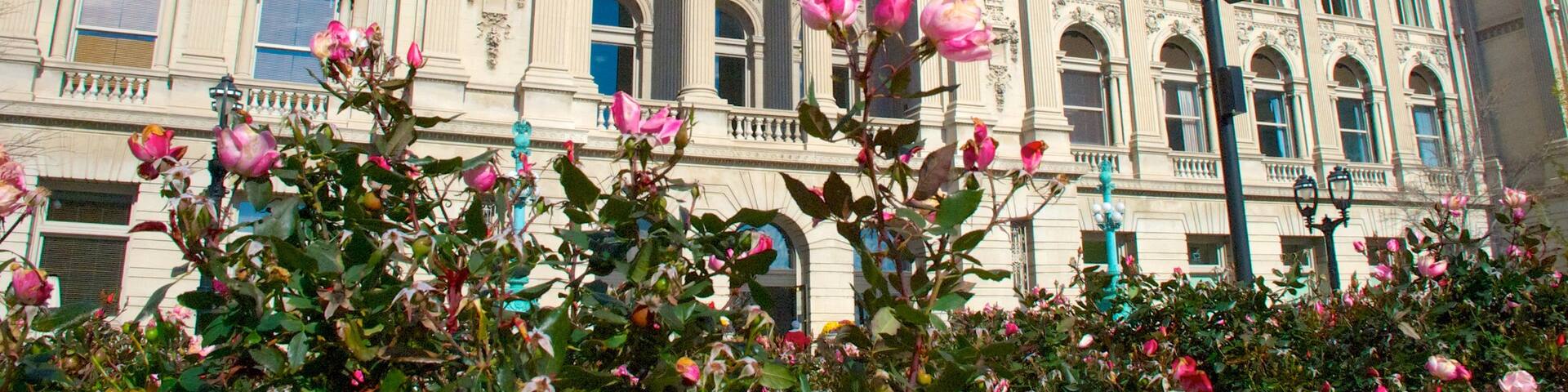 Biblioteca pública de Milwaukee que incluye una ciudad, patrimonio de arquitectura y un jardín