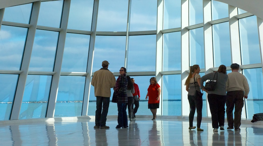 Milwaukee Art Museum mostrando arte e vista interna cosi come un piccolo gruppo di persone