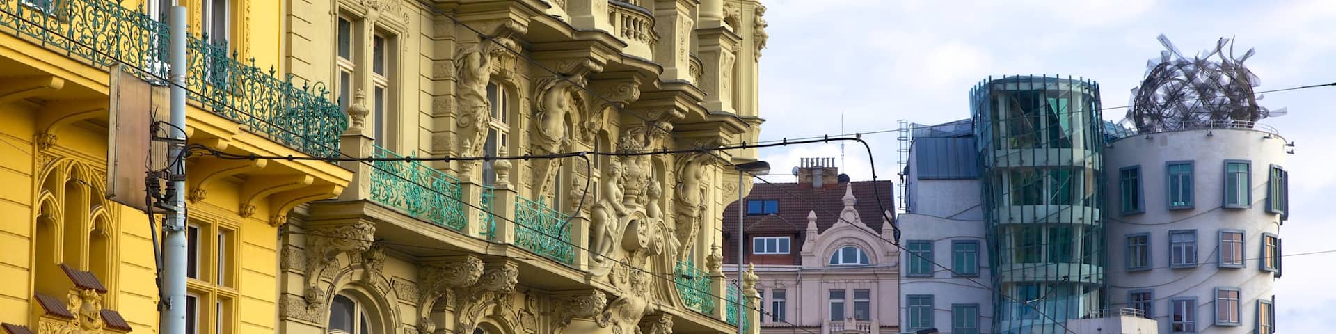 Prague Dancing House featuring modern architecture, street scenes and a city