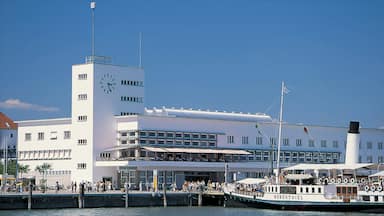 Friedrichshafen showing street scenes, a marina and a ferry