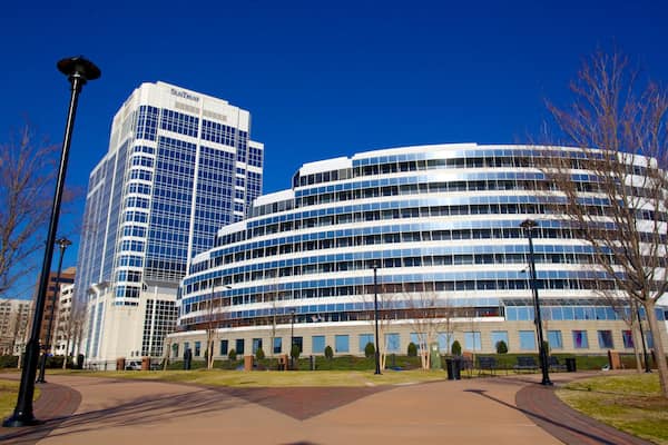 Town Point Park mettant en vedette ville, architecture moderne et jardin