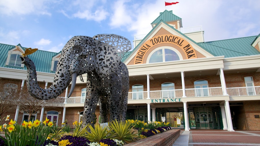 Virginia Zoo som viser en statue eller en skulptur, dyr fra zoologisk have og skiltning