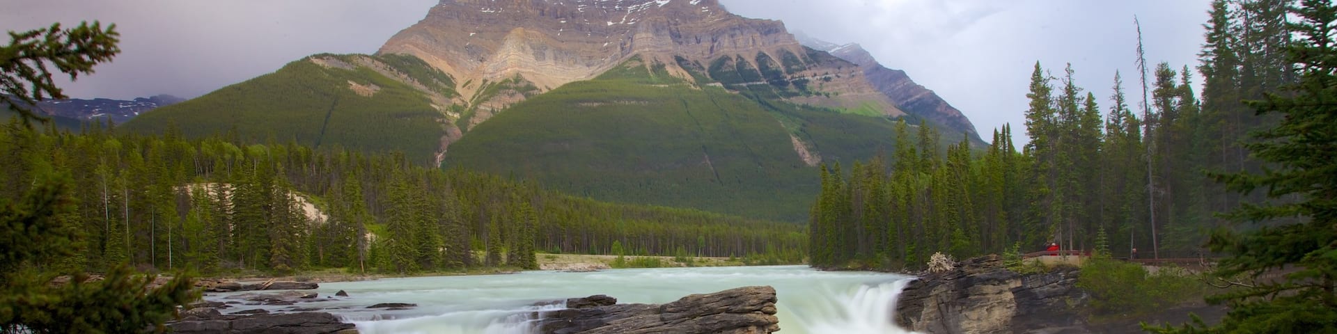 Athabasca Falls which includes landscape views, a waterfall and mountains