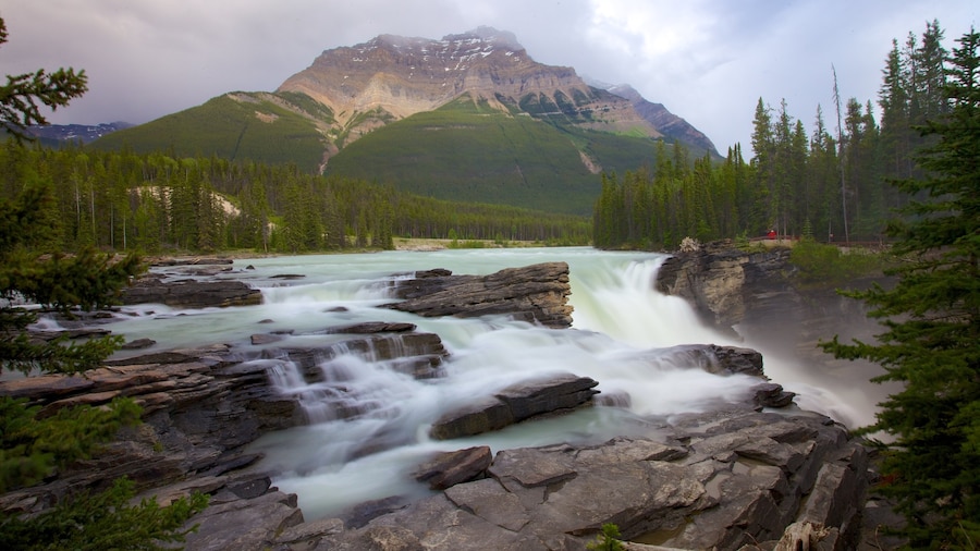Athabasca Falls which includes landscape views, a waterfall and mountains