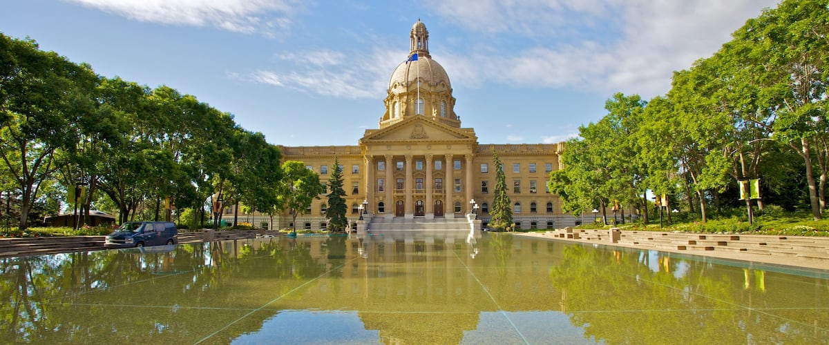 Alberta Legislature Building showing heritage architecture, an administrative building and a city