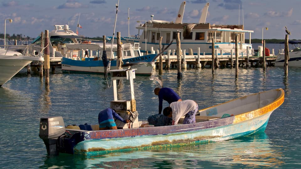 Isla Mujeres which includes a bay or harbour and boating as well as a small group of people