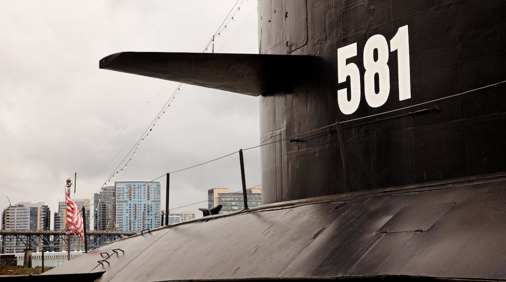 Oregon Museum of Science and Industry showing signage, military items and a city