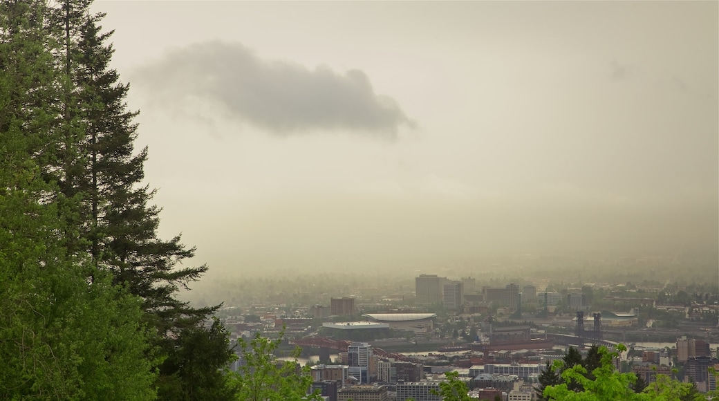 Pittock Mansion featuring landscape views, a city and mist or fog