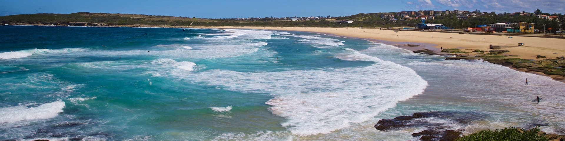 Maroubra Beach which includes rocky coastline and general coastal views