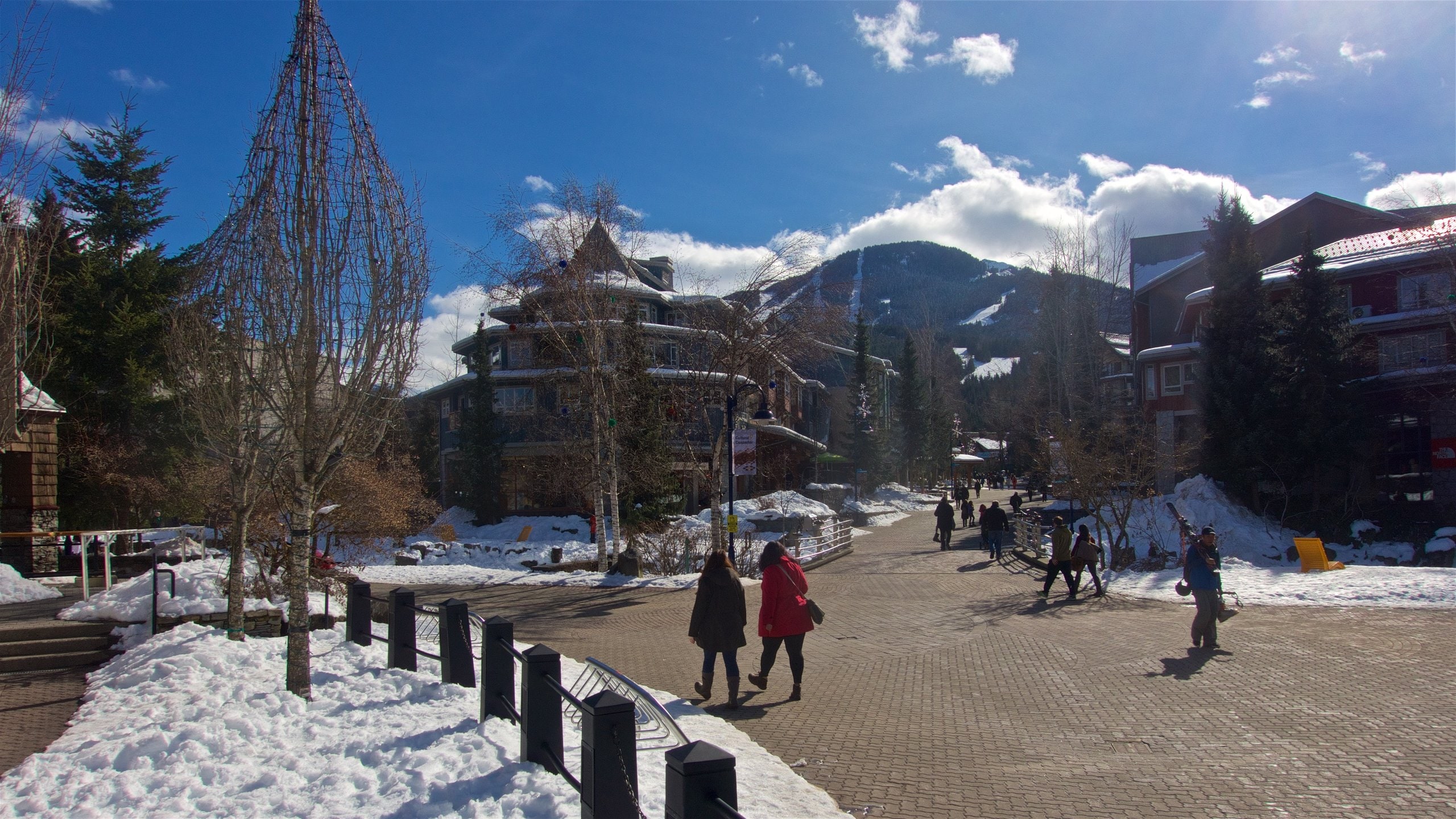 Whistler Village que incluye una pequeña ciudad o pueblo y nieve y también una pareja
