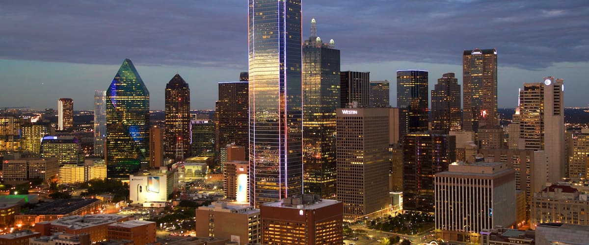 Reunion Tower which includes night scenes, landscape views and a city