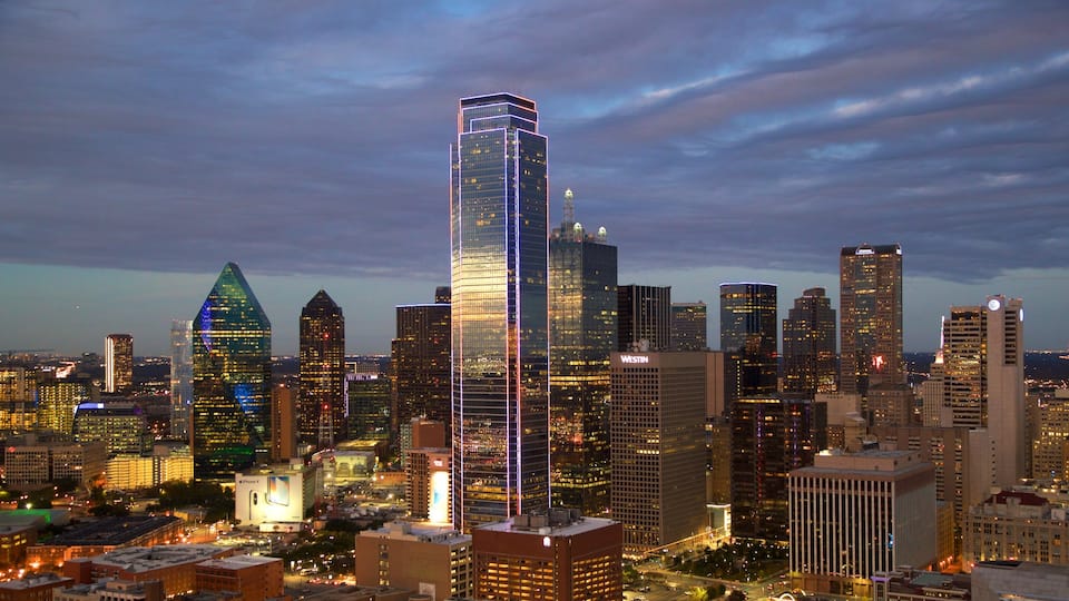 Reunion Tower qui includes scènes de nuit, panoramas et building