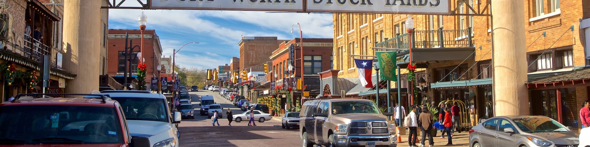 Fort Worth Stockyards showing a small town or village and signage