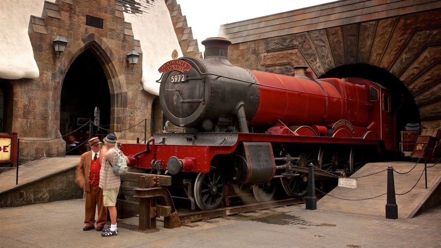 Parco divertimenti The Wizarding World of Harry Potter™ mostrando giro e ferrovia cosi come ragazzo