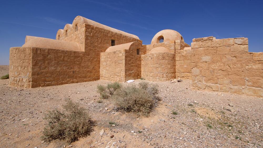 Quseir Amra showing desert views and heritage elements