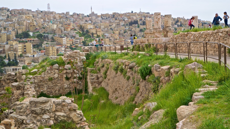 Ciudadela de Amán que incluye vistas de paisajes y una ciudad y también un pequeño grupo de personas