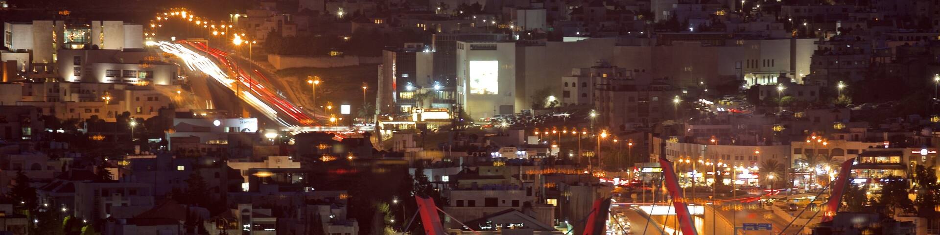 Abdoun Bridge showing a bridge, landscape views and night scenes