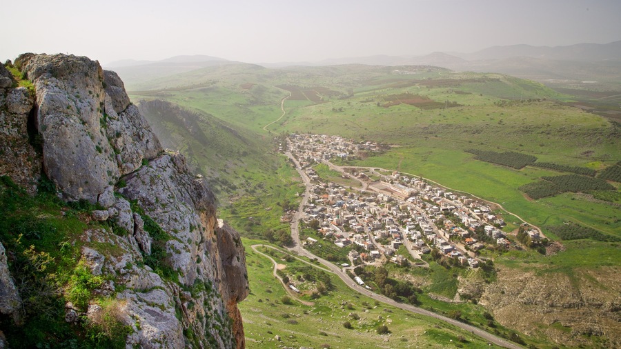 Mount Arbel which includes landscape views, tranquil scenes and a small town or village