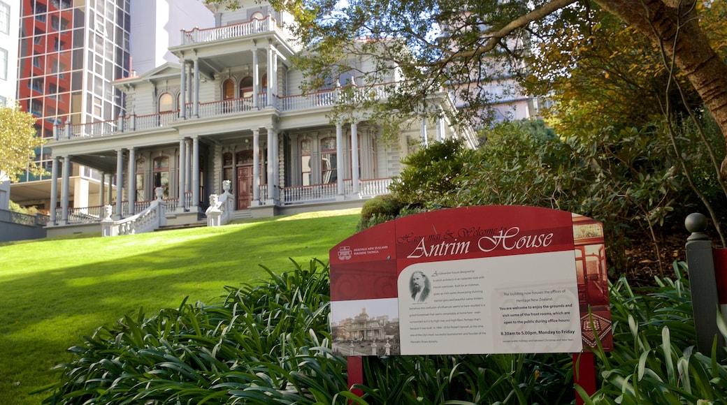 Antrim House featuring signage, a house and heritage architecture