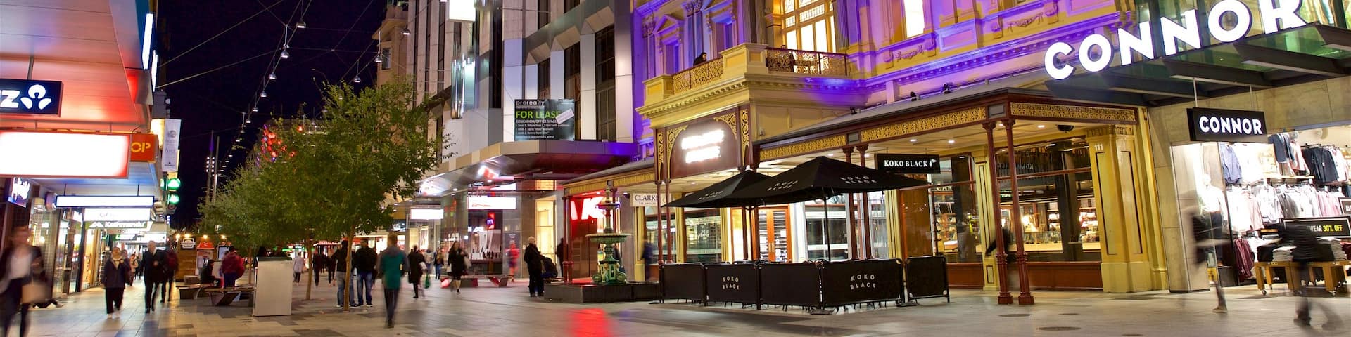 Rundle Mall which includes night scenes and a city