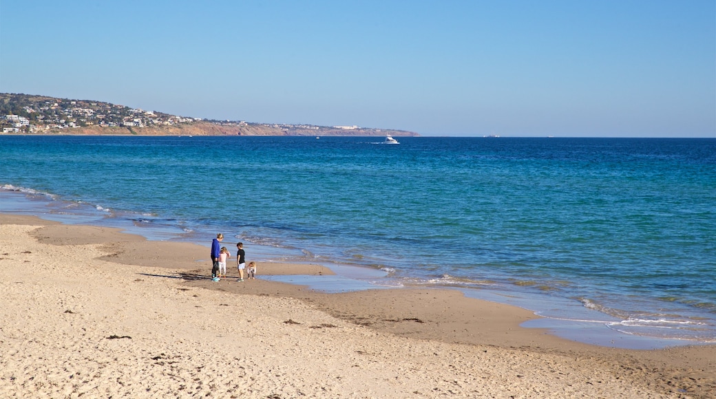 Brighton Beach which includes a beach and general coastal views as well as a family