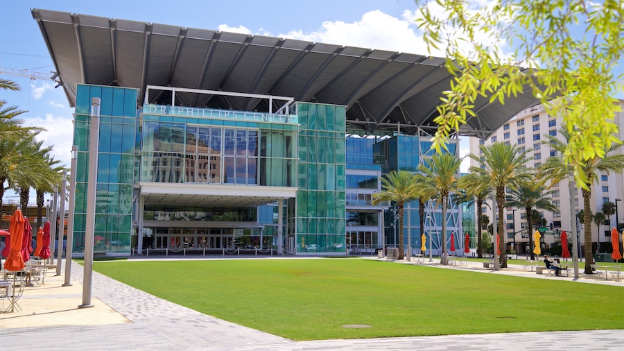 Modern exterior of Dr. Phillips Center for the Performing Arts in Orlando, Florida.