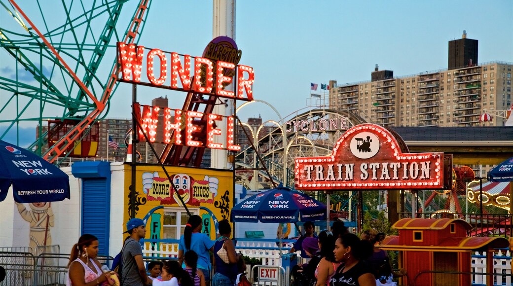 Riegelmann Boardwalk showing rides and signage