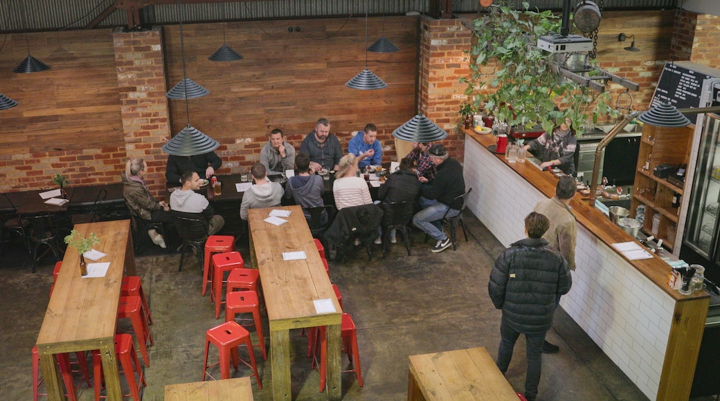 The Public Brewery showing a bar and interior views as well as a small group of people