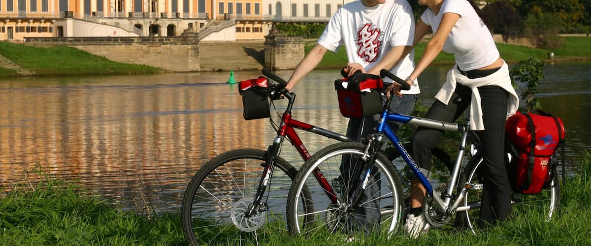 Radebeul showing a small town or village, cycling and a river or creek