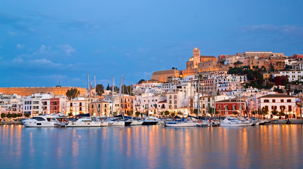 Ibiza City Centre showing a coastal town, a bay or harbor and night scenes