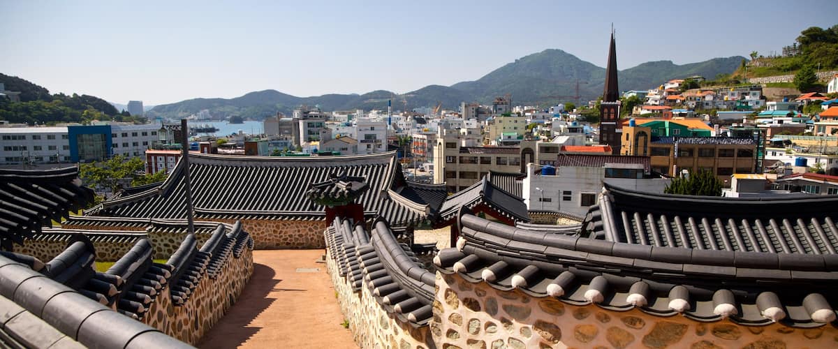 Tongyeong which includes landscape views, heritage elements and a small town or village