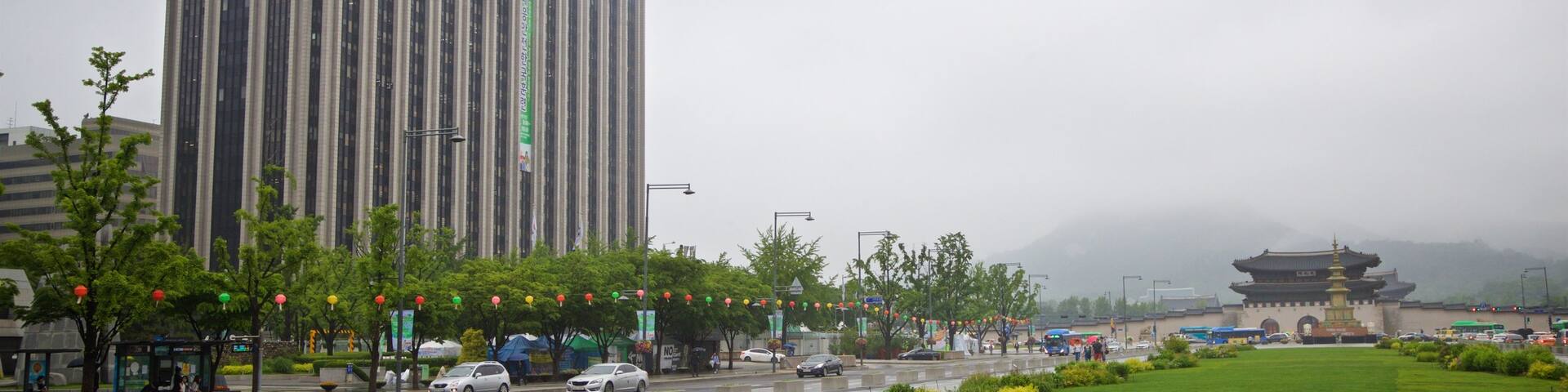 Gwanghwamun Plaza which includes mist or fog and a park