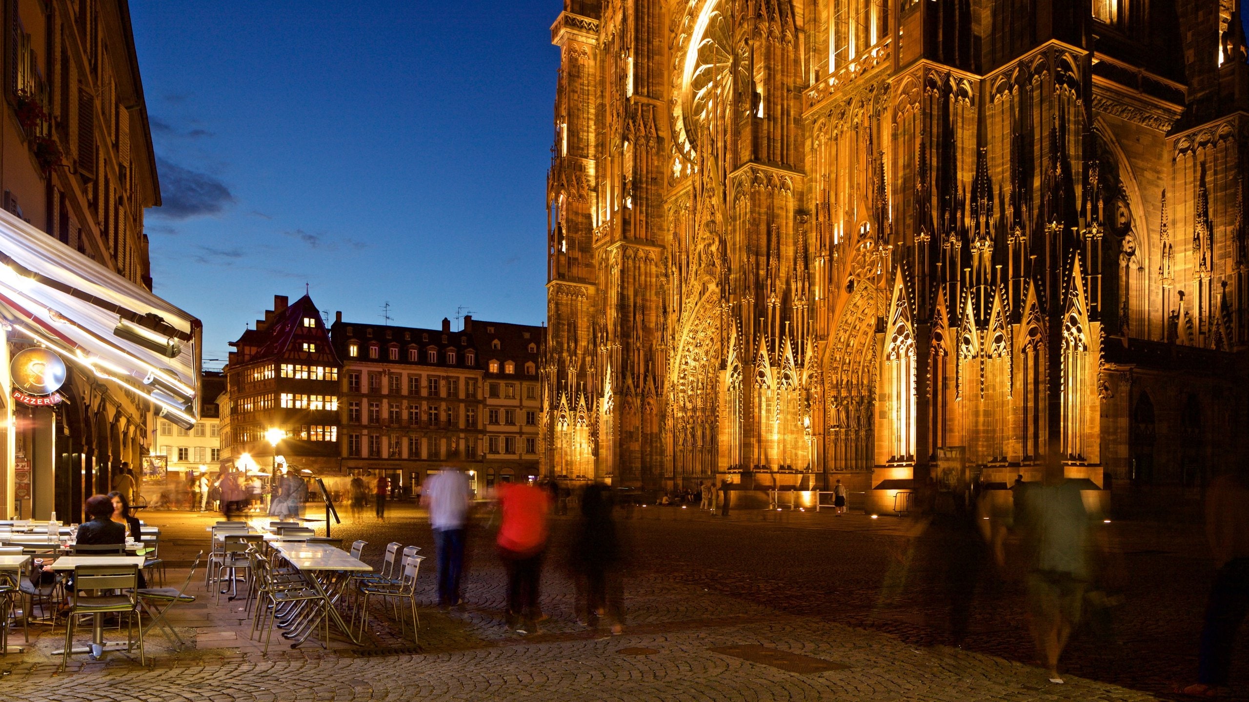 Our Lady of Strasbourg Cathedral showing heritage architecture, a church or cathedral and night scenes