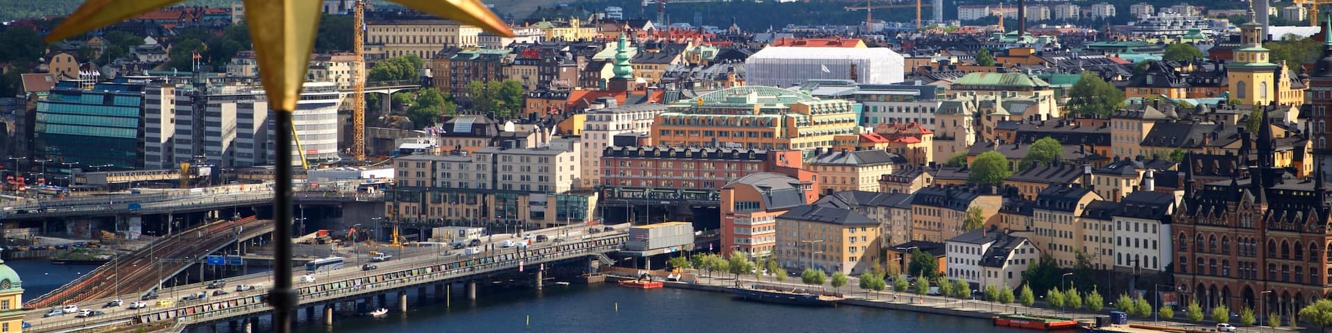 Stockholm City Hall showing landscape views, a river or creek and a city