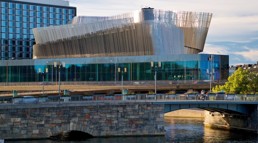 Stockholm City Conference Centre featuring a river or creek, modern architecture and a bridge