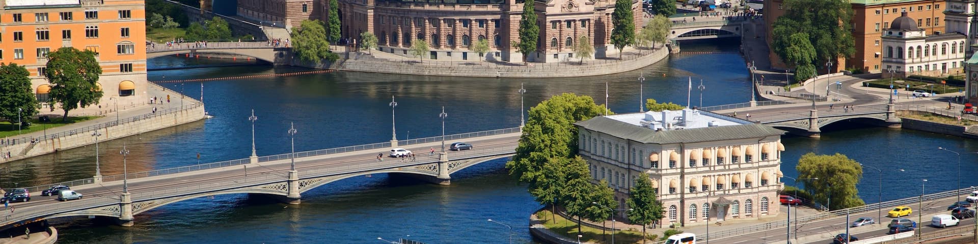 Norrmalm which includes a bridge, landscape views and a city