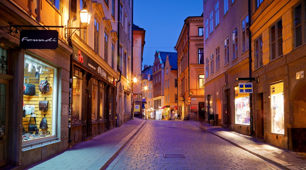 Gamla Stan which includes a city and night scenes