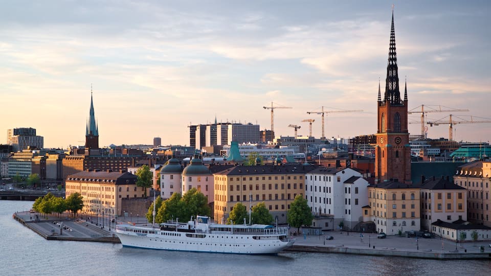 Monteliusvagen which includes a bay or harbor, landscape views and a sunset