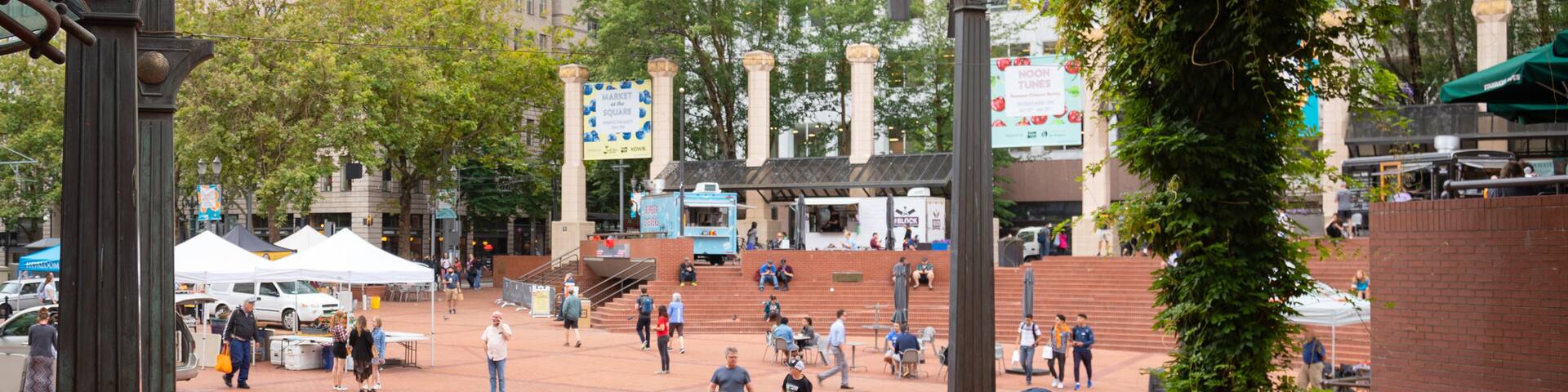 Pioneer Courthouse Square which includes a square or plaza as well as a couple