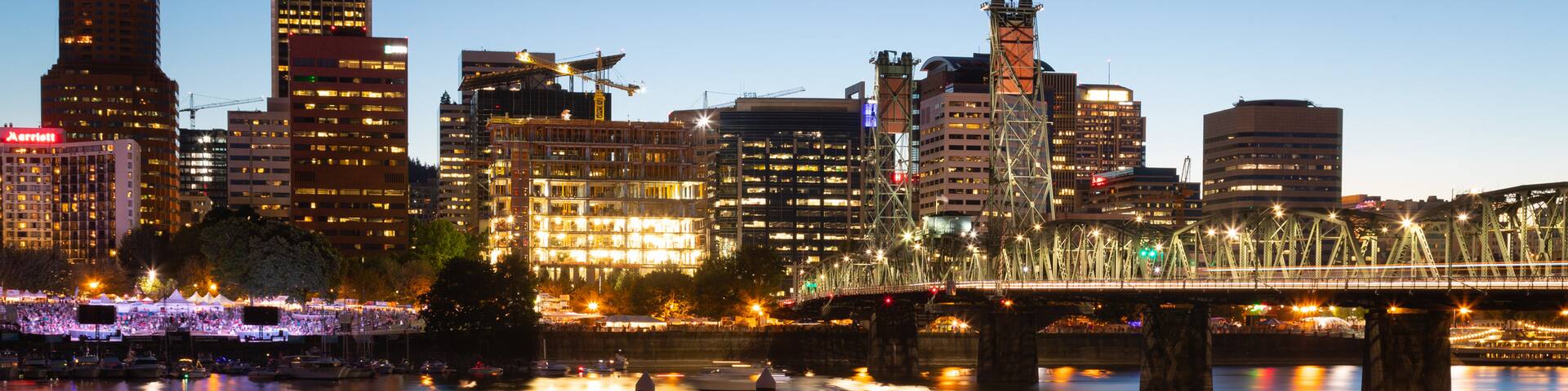 Hawthorne Bridge featuring a river or creek, a sunset and a bridge