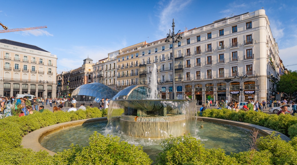 Puerta del Sol which includes a city and a fountain