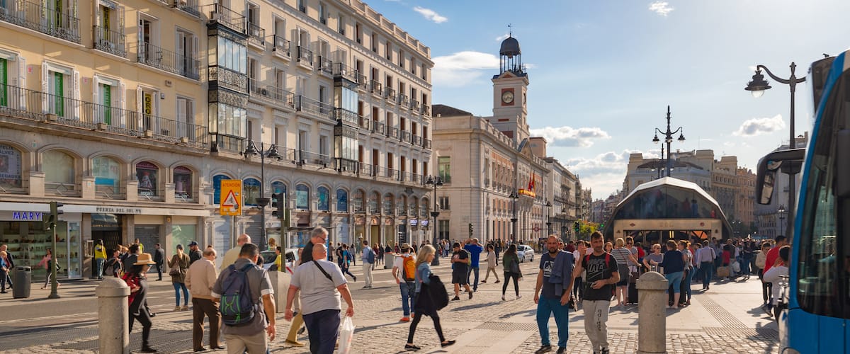 Puerta del Sol showing street scenes, a sunset and a city