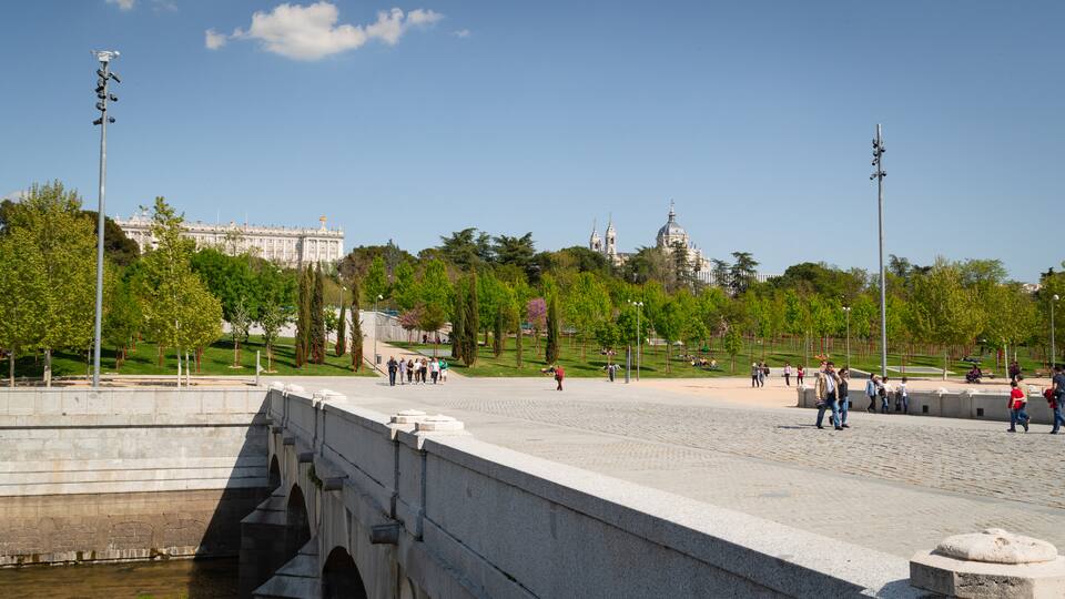 Madrid Rio featuring a park, a bridge and a square or plaza