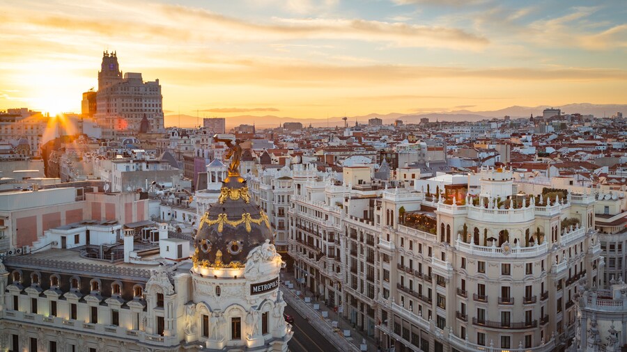 Panoramic rooftop view of Madrid's skyline from Círculo de Bellas Artes.