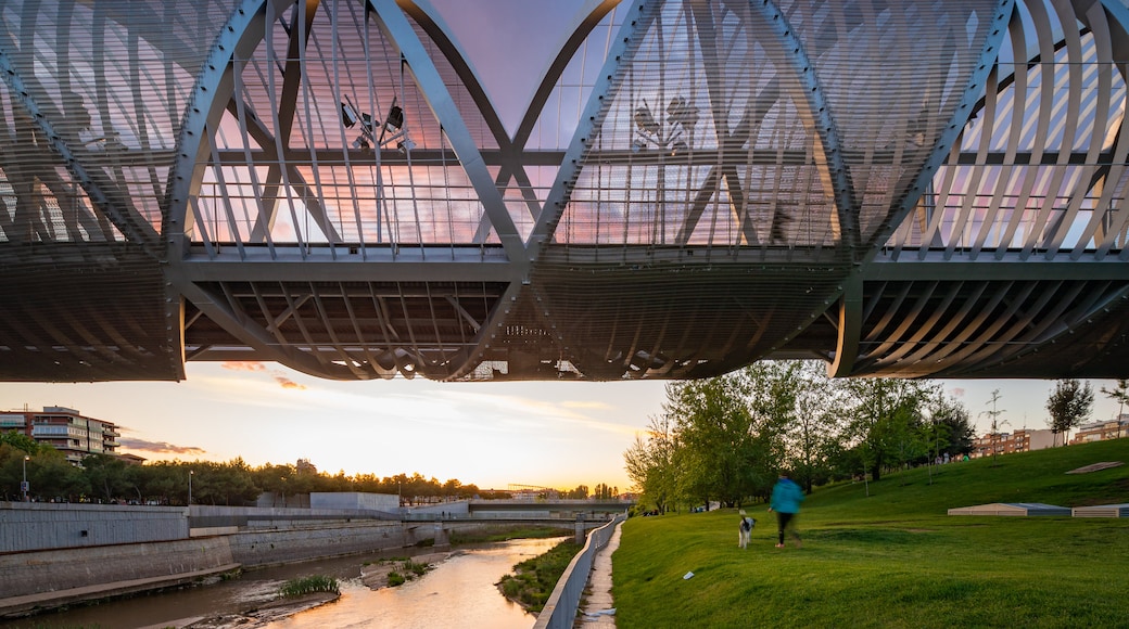 Puente Monumental Parque de Arganzuela which includes a sunset, a river or creek and a bridge