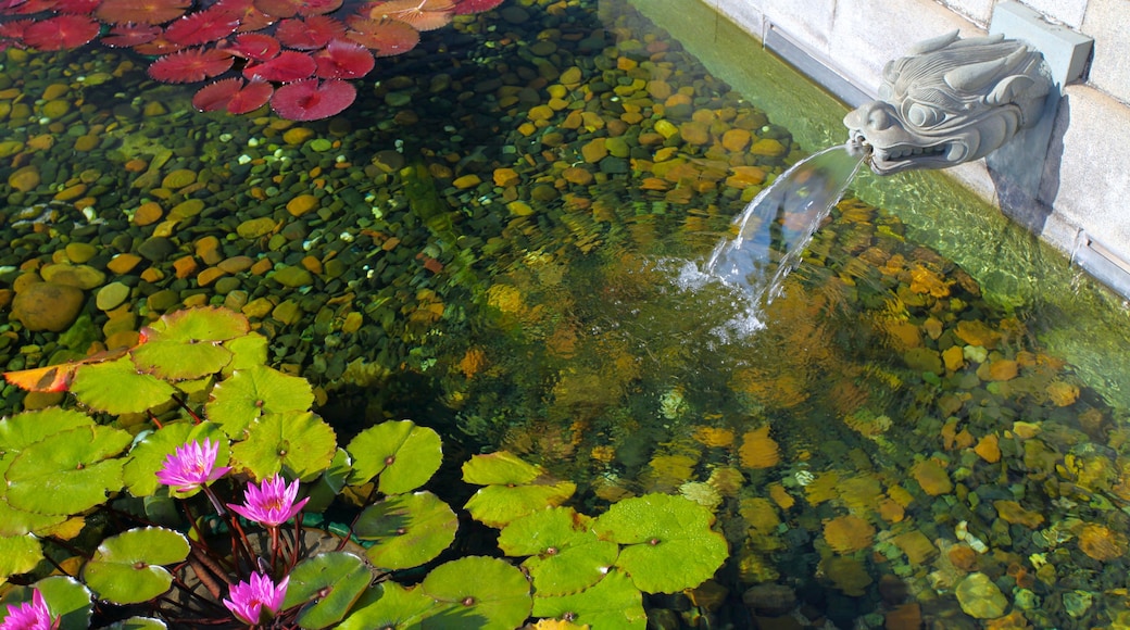 Chi Lin Nunnery que incluye un estanque y flores