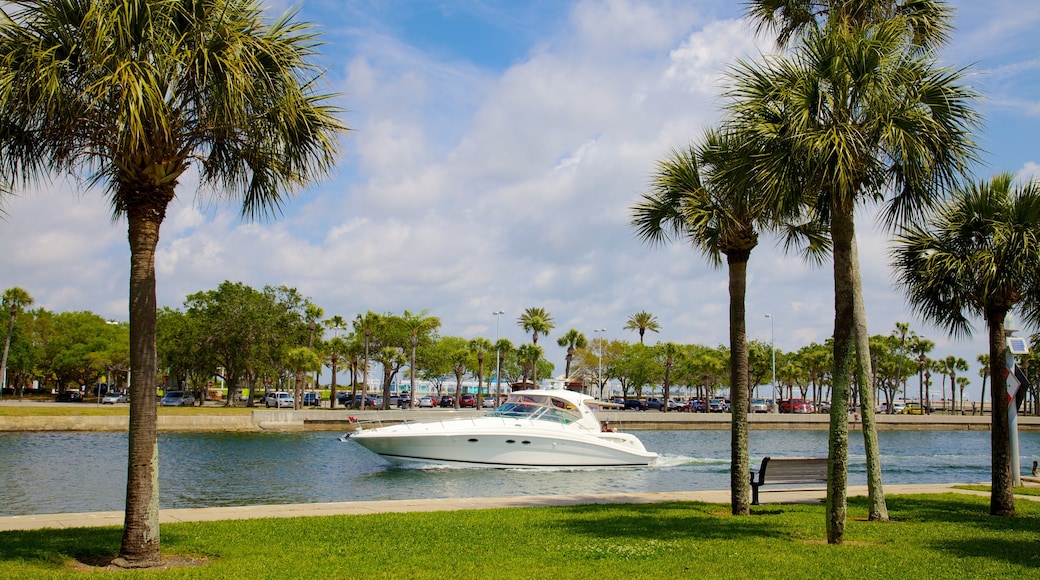 Demens Landing Park showing boating, general coastal views and a garden