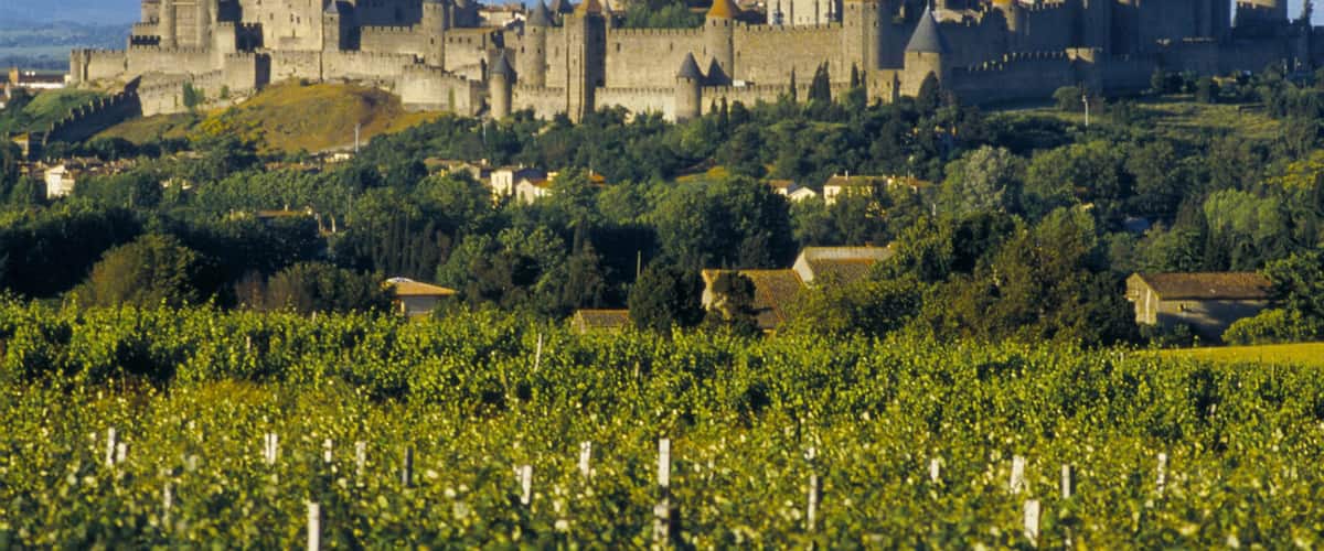 Carcassonne som omfatter udsigt over landskaber, slot eller palads og historiske bygningsvĂŠrker