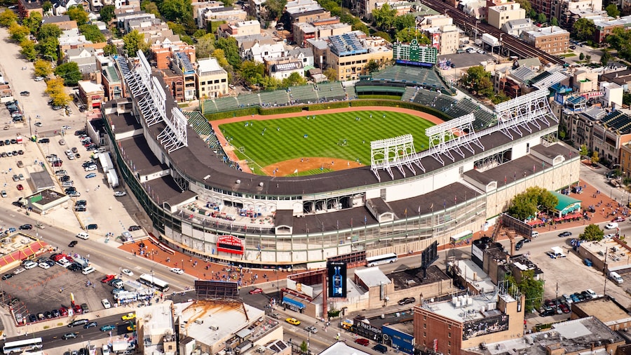 Aerial view of Wrigley Field and surrounding neighborhood in Chicago.