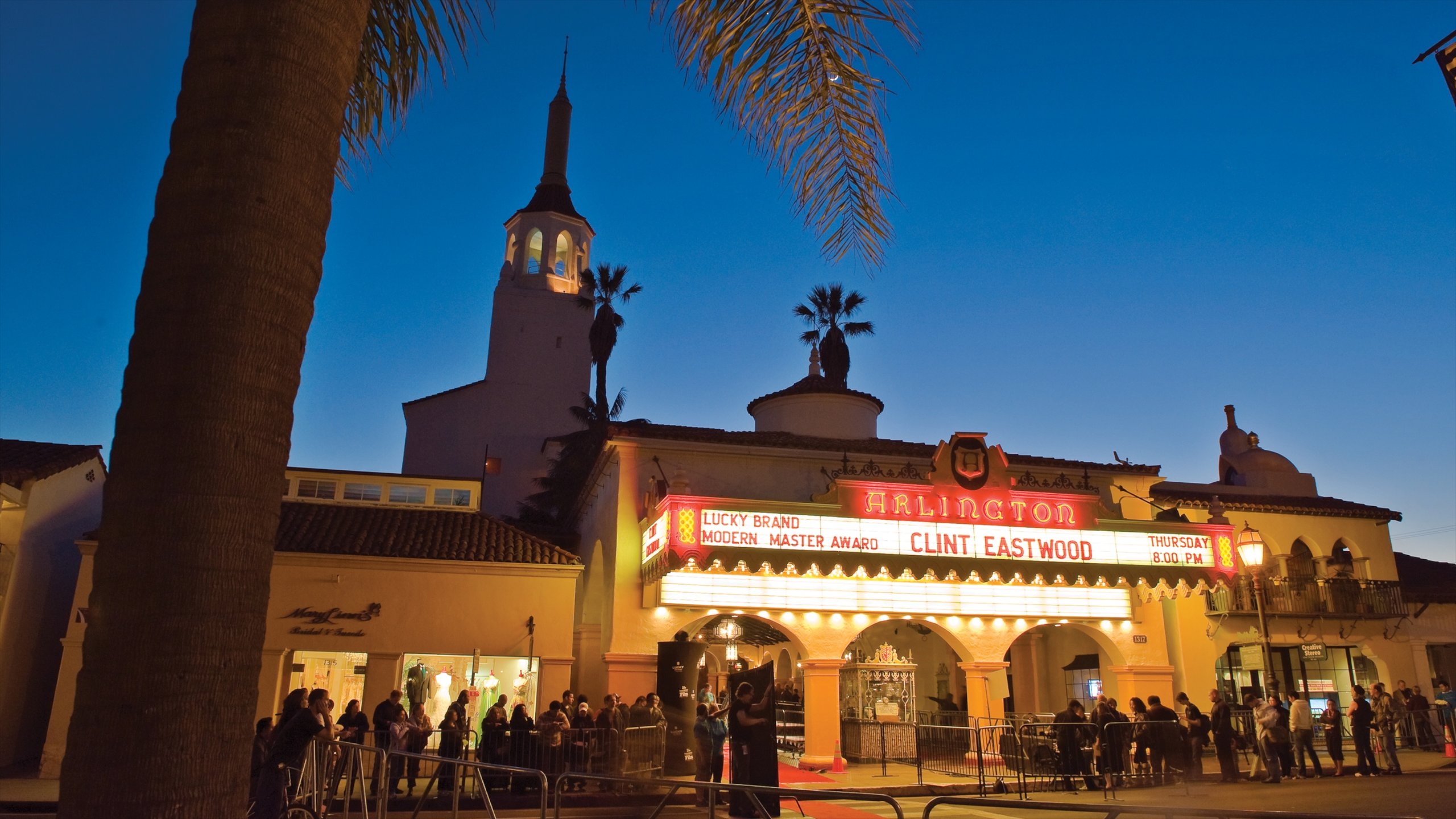 Santa Barbara showing theater scenes, night scenes and signage